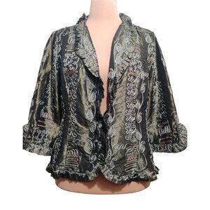 Vintage Agora L Olive Embroidered Ruffle Open Front Statement Jacket Blazer Chic